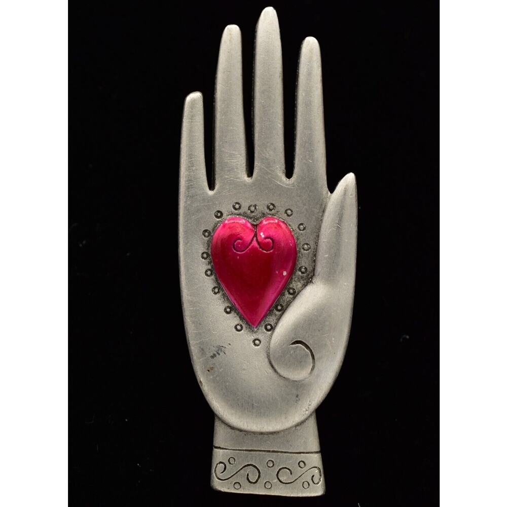 JJ Hand Palm Heart Hand Pin Brooch Pewter Love Red Valentine's Signed 1980s BinJ